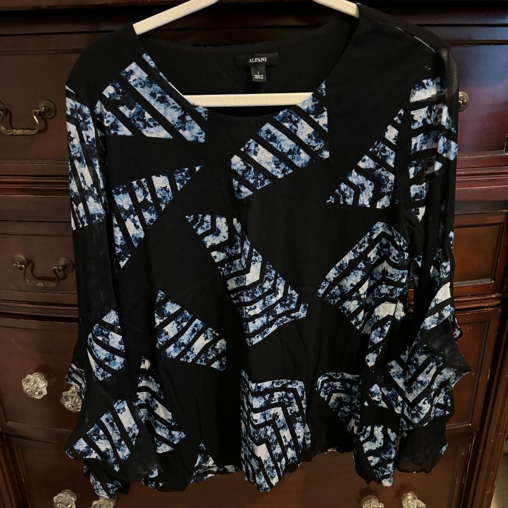 Alfani Sheer Lined Bubble Hem Ruffle Sleeve Top - Size L